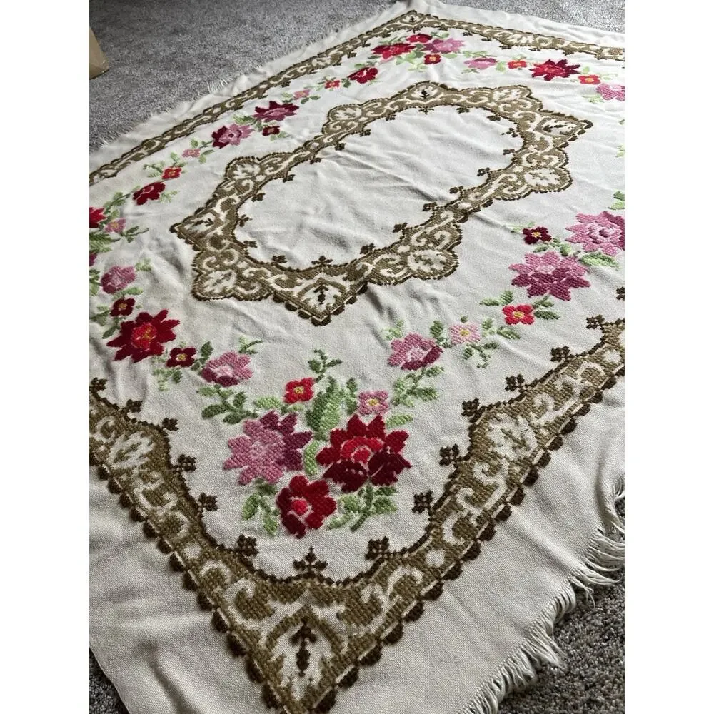 Vintage Hand Knit CrossStitch Floral Rose Tablecloth Fringed 50 X 58.5in Cream